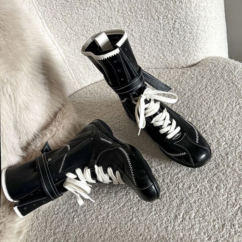 Inner Height Increase Duck Hunting For Women, Ins Style Versatile Color Block Niche Design Lace-up Boxing Boots, Outdoor_voghion.com