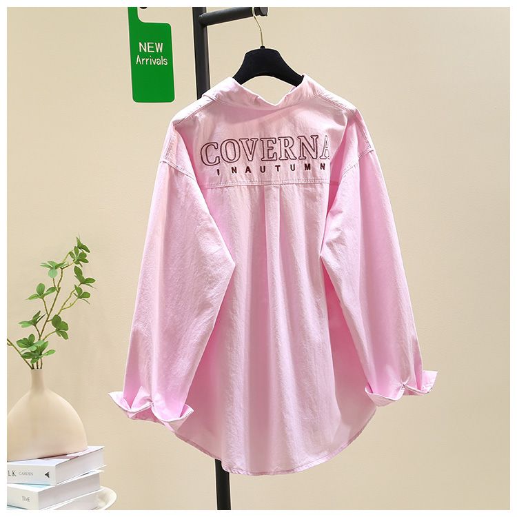 Langärmliges Sommerhemd aus Baumwollmischung mit Blumenstickerei und lockerer Passform für Damen – lässiges langes Tunika-Oberteil (Blau, Gelb, Rosa, Weiß)_voghion.com