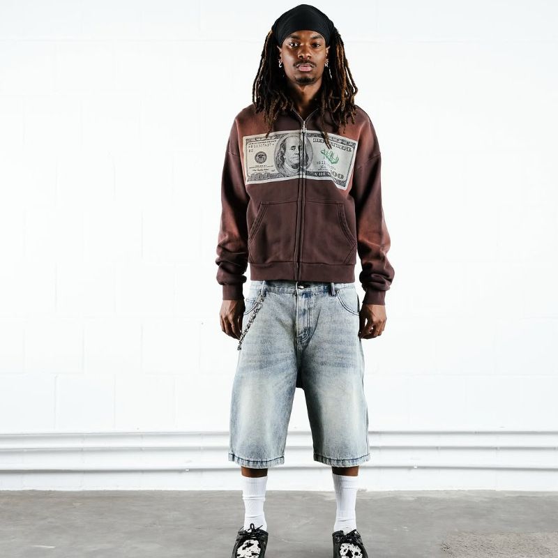 Y2K Retro Zip-Up Hoodie – 3D Dollar Print Gothic Streetwear, Oversized Unisex Pullover mit Seitentaschen (XS-XXXXL, Polyester, Maschinenwaschbar)_voghion.com