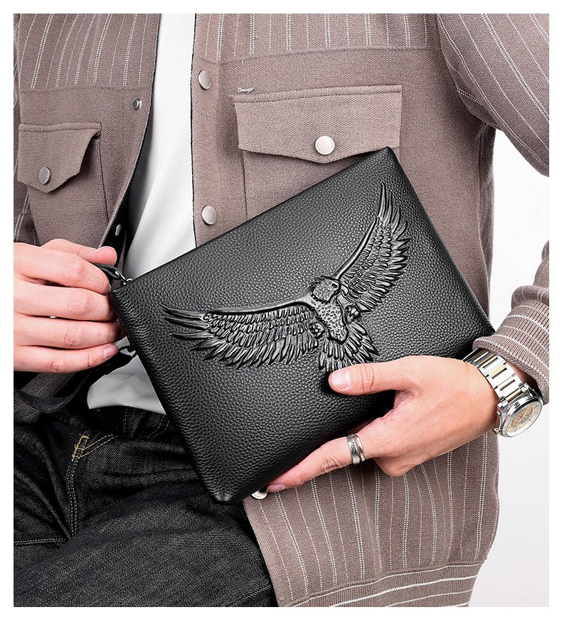 Pochette en cuir véritable pour hommes, mallette en cuir de vache, étanche, sac enveloppe sous les bras, portefeuille de grande capacité_voghion.com
