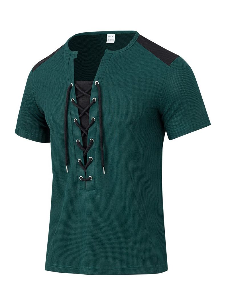 Camiseta masculina casual waffle com cordão e cor combinando, gola redonda, manga curta_voghion.com