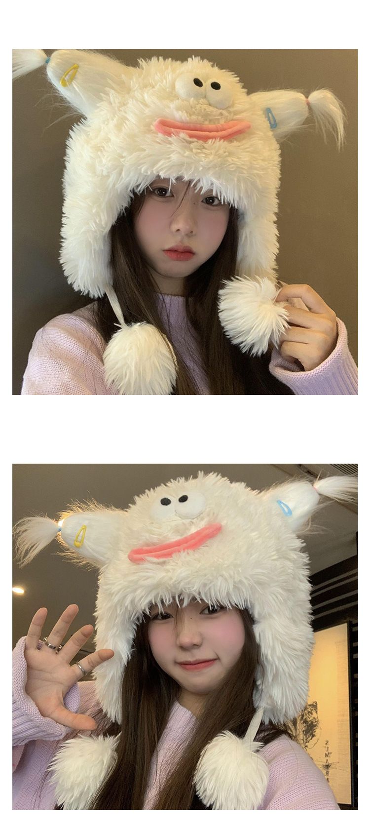 Lustige, hässliche, süße Plüschmütze für Damen, Herbst und Winter, großer Kopfumfang und dicker, warmer Ohrenschutz aus Samt_voghion.com