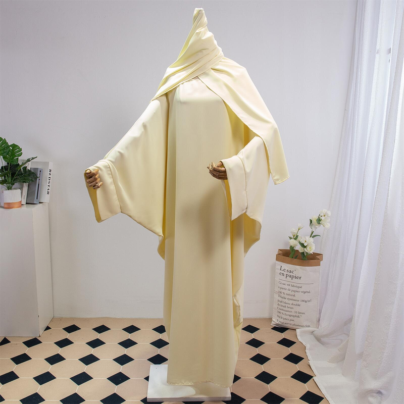 Dammekleeder Einfarweg Arabesch Kleed Fraekleed mat Kappduch Abaya Casual Loose Fliedermausärmel Robe_voghion.com
