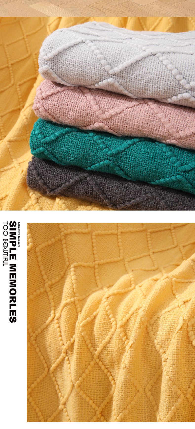 Divano nordico lavorato a maglia disegno geometrico nappa lana piccola coperta estiva in filo americano tessuto_voghion.com