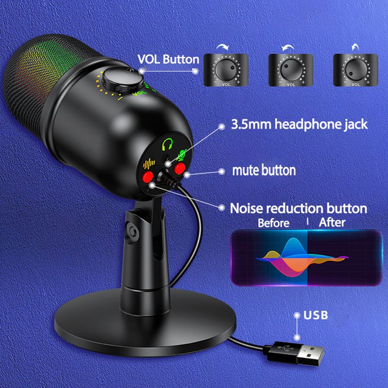RGB kondenzátor mikrofon légzőfénnyel asztali mikrofonállvánnyal laptophoz, élő közvetítésű videokonferenciához, egy játékhoz_voghion.com