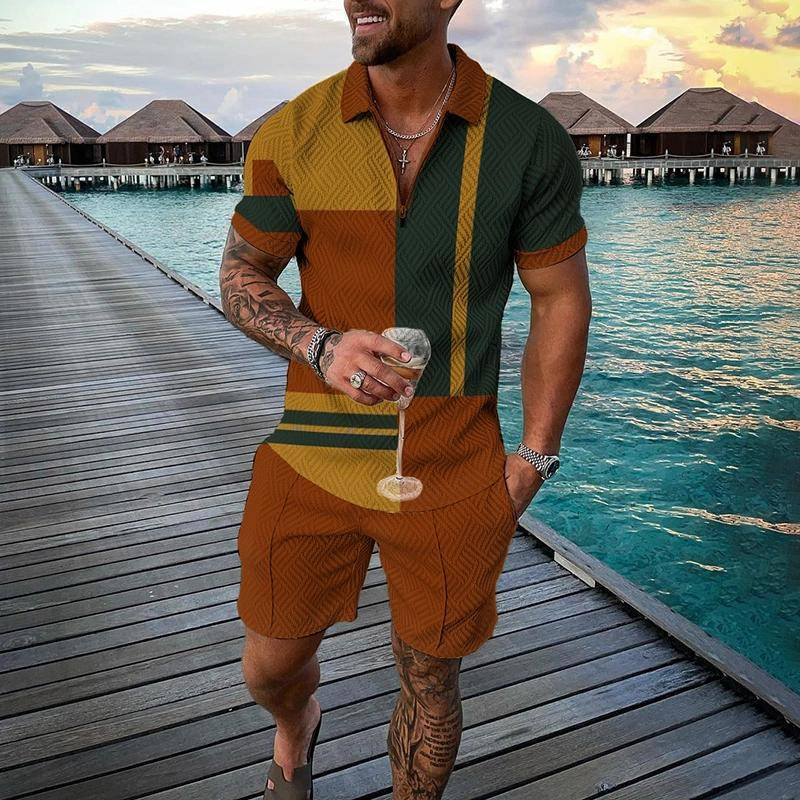 Neues modisches Poloshirt-Set mit Reißverschluss für Herren, lässig, mit 3D-Druck, kurzärmelige Hemden und Shorts_voghion.com