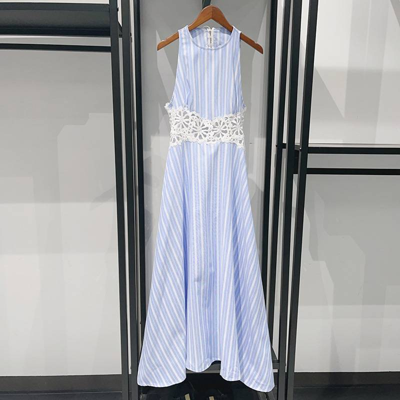 Women's Clothing Summer Careful Blue And White Stripes Lace Beautiful Back Round Neck Sleeveless Long Skirt Shirt 25273_voghion.com