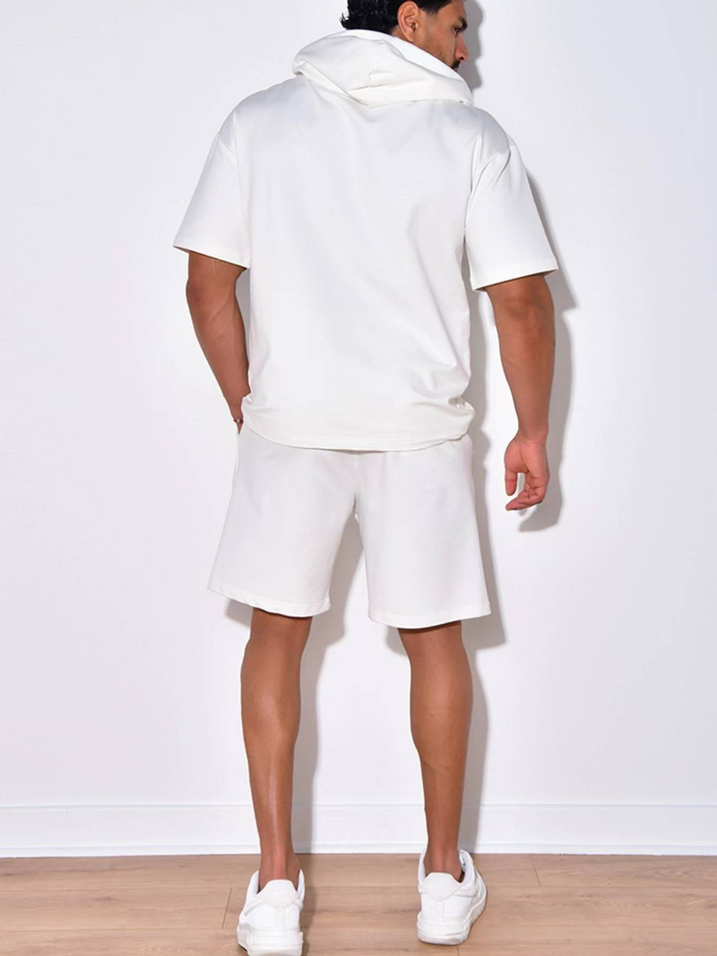 Nuovo prodotto 2025, abbigliamento sportivo casual da uomo europeo e americano, a maniche corte e pantaloncini, con cappuccio, tinta unita, due pezzi_voghion.com