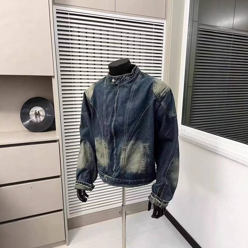 Herrenbekleidung Herren-Jeansjacke im Used-Look, kurze Bikerjacke im Punk-Stil mit asymmetrischem Reißverschluss und verwaschenem Effekt, Oversize-Passform für Streetwear_voghion.com