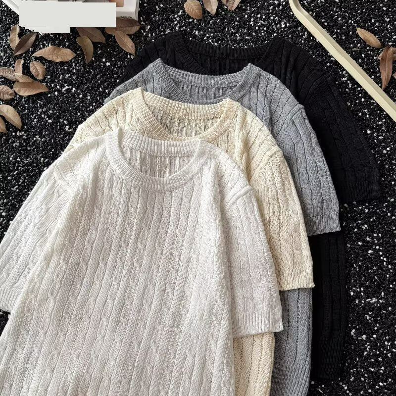 Men's Sweaters New Men's Casual Solid Color Short Sleeved Knitted Tops Repair Cross Border_voghion.com