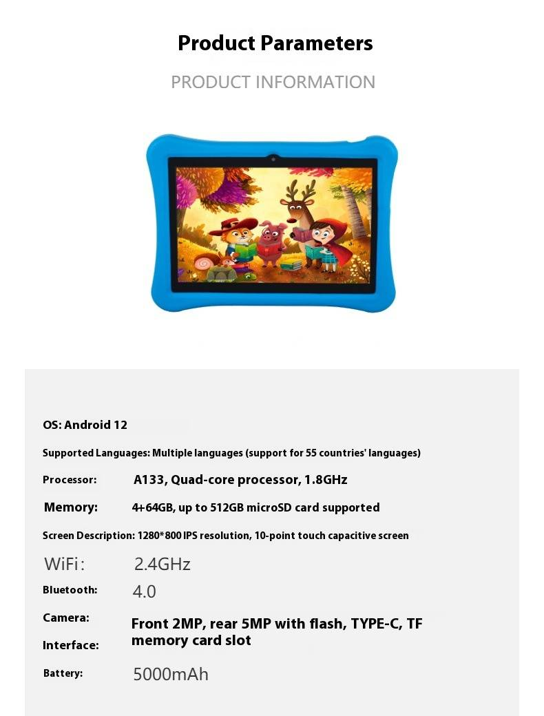 10.1" Android Kids Learning Tablet – Dual Camera, 2+32GB, Parental Control, Shockproof Case, 5-7H Battery (Ideal For Ages 3-12, Home & Travel Use)_voghion.com