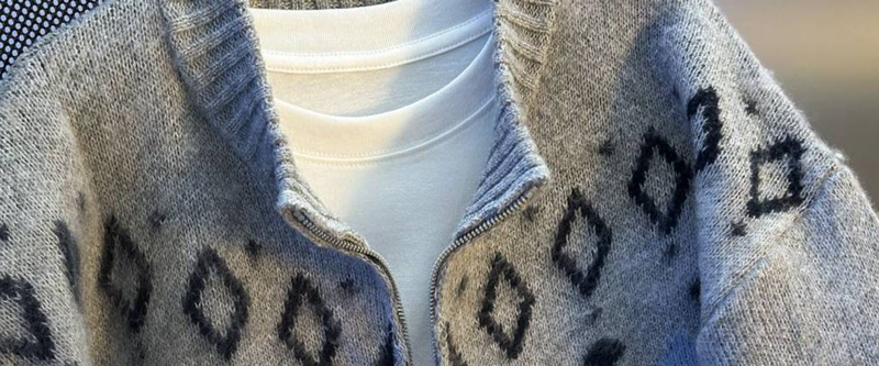 Fair Isle Örgü Fermuarlı Hırka - Erkekler İçin Vintage Gri Elmas Desenli Kazak_voghion.com