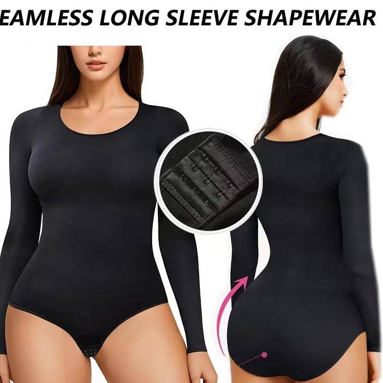 Nahtloser trägerloser Shapewear-Bodysuit – Bauchkontrolle und Brustunterstützung, Ganzkörperformer für Damen, ultra-dehnbare, schlankmachende Langarmshirts_voghion.com