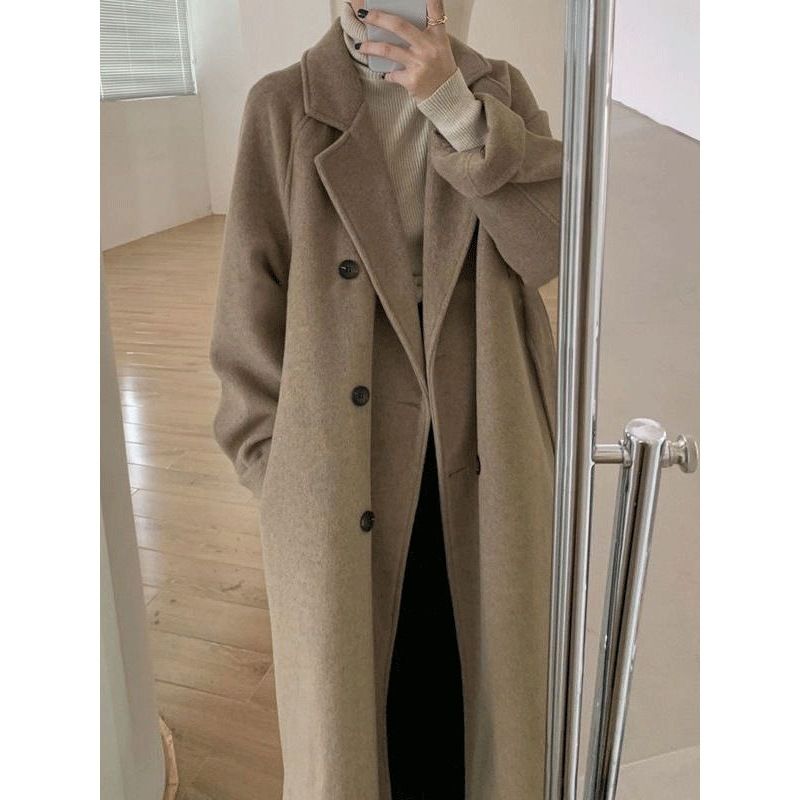 Women's Elegant Chenille Trench Coat – Audrey Hepburn-Inspired Short Wool Coat With Belt (Black/Coffee)_voghion.com