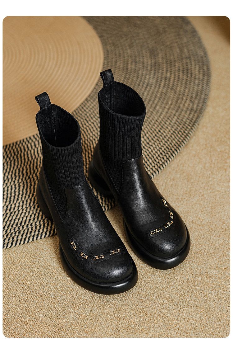 Cameido Damen-Stiefel aus Leder mit elastischem Strick und klobigem Absatz, kurze Stiefel im britischen Stil, Schlankheitsstiefel_voghion.com