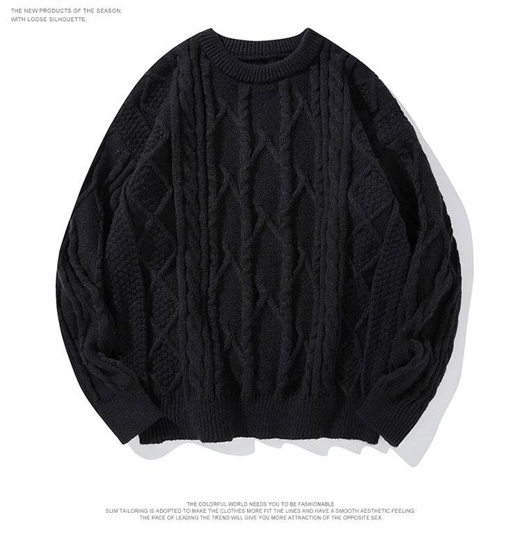 Men's Cable Knit Sweater - Oversized Casual Pullover With Ribbed Hem For Autumn/Winter (Black/Cream, M-Xxl)_voghion.com