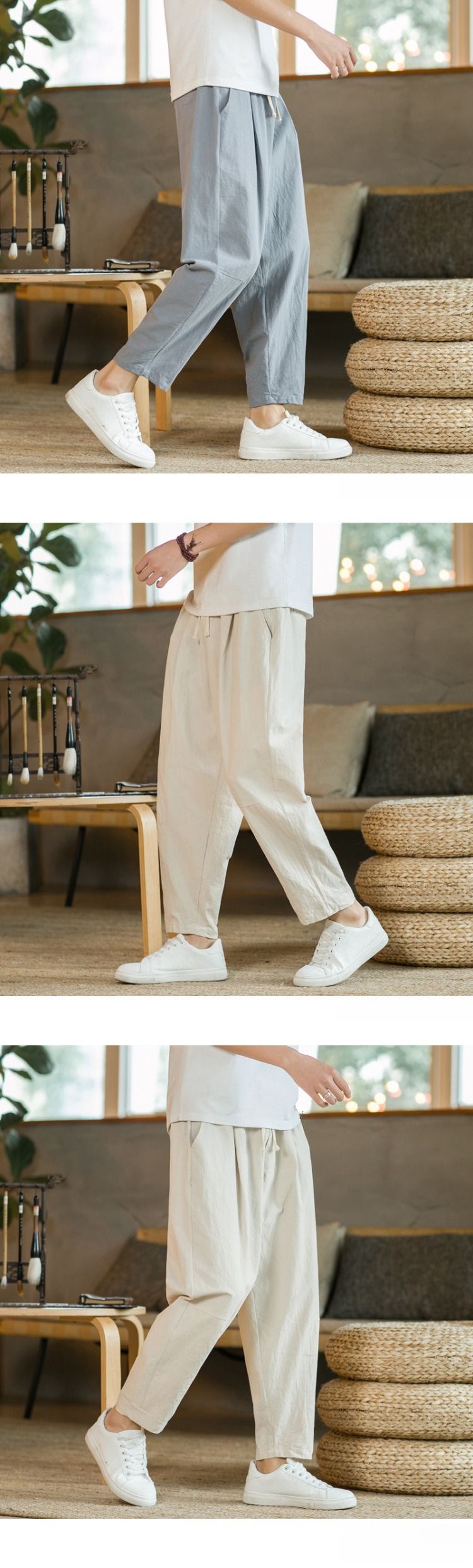 Pantaloni larghi leggeri da uomo in stile pendolare coreano, design corto con elastico in vita per un utilizzo versatile_voghion.com