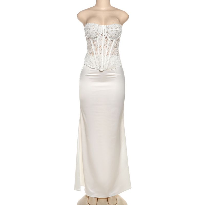 Ropa de mujer, top de tubo de encaje retro, color sólido, falda ajustada a la cadera, traje femenino_voghion.com
