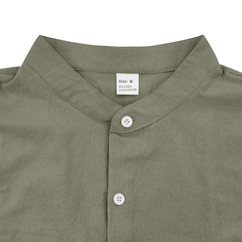 Camisa de lino de manga corta para hombre, nueva, de color liso, con cuello alto y bolsillo, holgada, informal_voghion.com