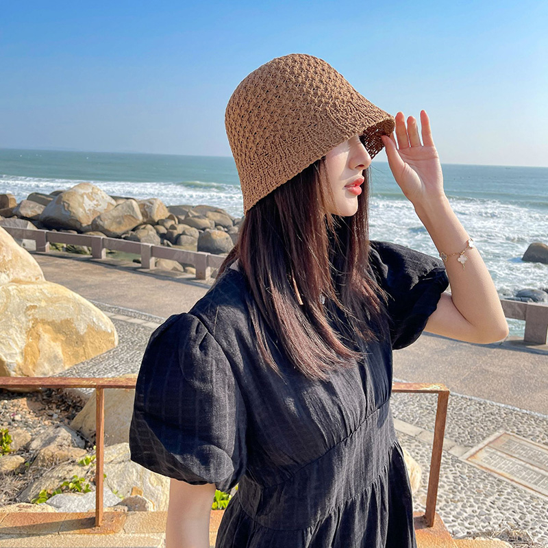 New Arrivals Solid Color Braid Bucket Hat For Women Summer Hollow Out Breathable Beach Hats Knit Dome Fisherman Caps Lady Sunshade_voghion.com