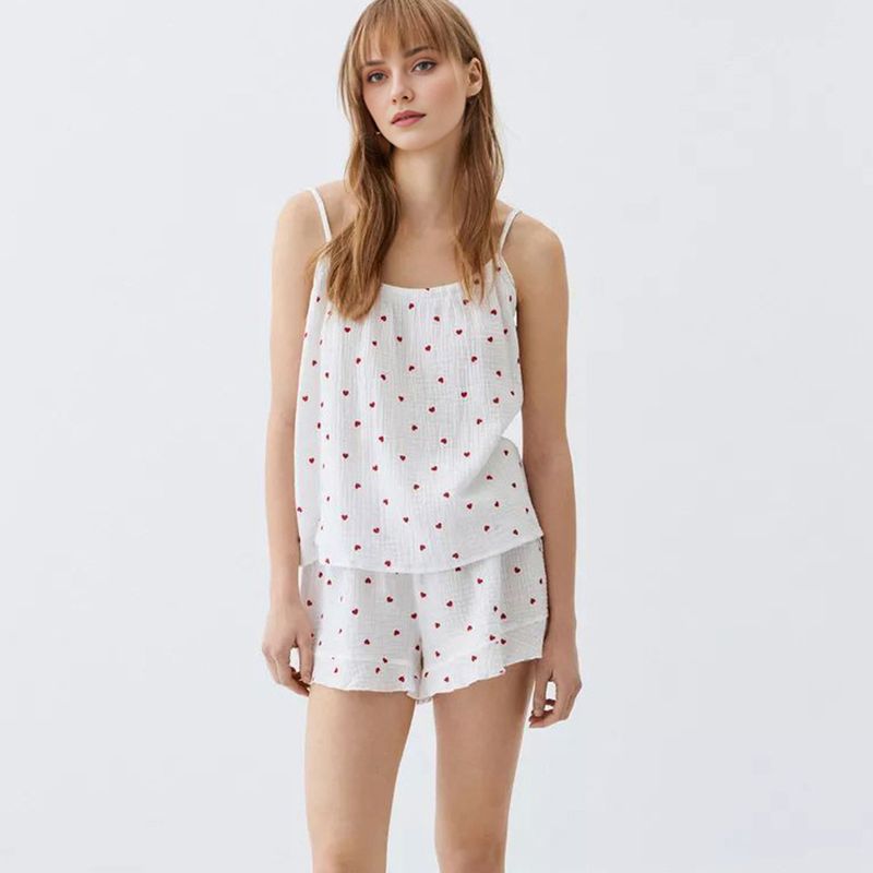 2024 Sommer-Pyjama mit Herz-Print, reine Baumwolle, Damen-Camisole-Shorts, zweiteiliges Mode-Set, Loungewear_voghion.com