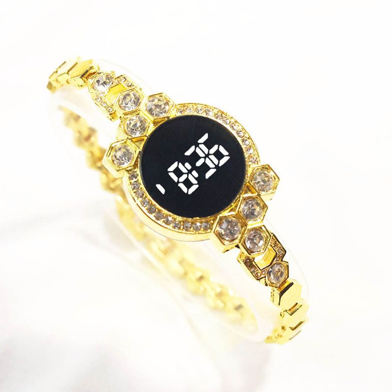 Shuosbai Electronic Round Dial Strap Date Time Display Shiny Rhinestone Inlay LED Digital Student Alloy Chain Wrist_voghion.com