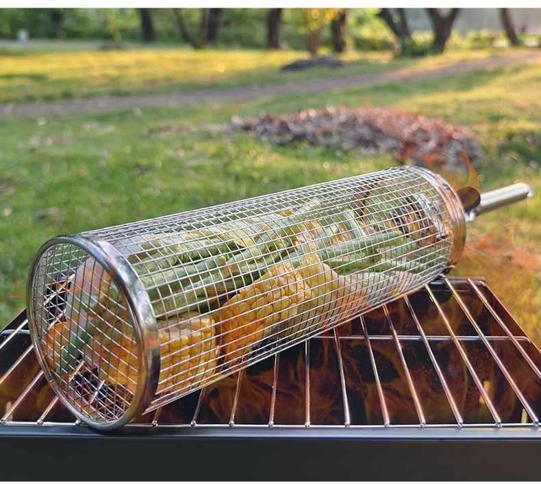 BBQ Stainless Steel Rolling Grill Cylinder Grill Net Smoked Barbecue Round Grill Grill Basket_voghion.com