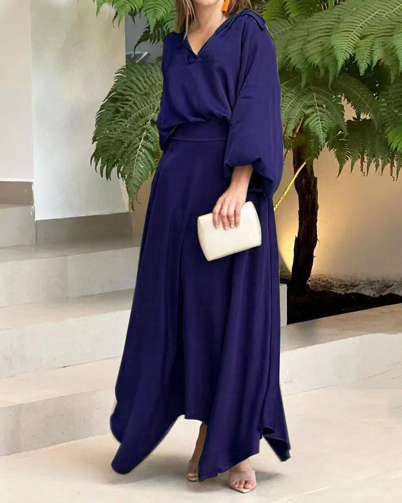 Women's Oversized Long Sleeve Top & High Waist Maxi Skirt Set – Breathable Loose Fit Two-Piece Outfit (S-XXXL, 6 Soft-Toned Colors)_voghion.com