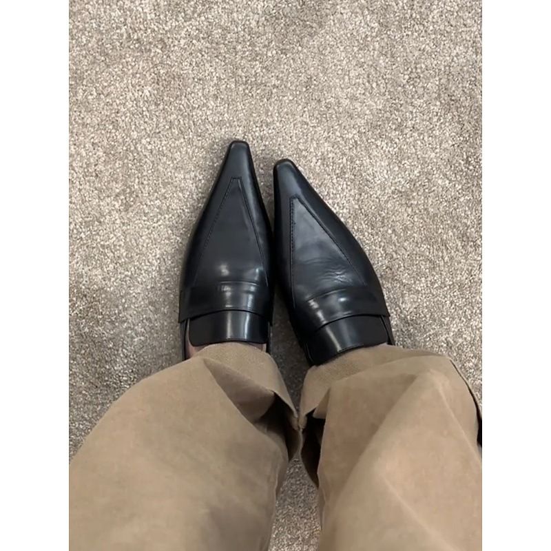 Sheepskin Pointed Toe Elegant Kitten Pumps Shallow Mouth Professional Commuting Leather Shoes Women French Style Chunky_voghion.com