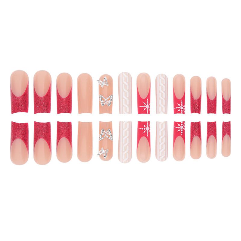 Eleganti unghie finte a farfalla in lega francese rossa con glitter a forma di fiocco di neve – Unghie finte riutilizzabili per donna, facili da applicare, compatibili con colla e gel_voghion.com