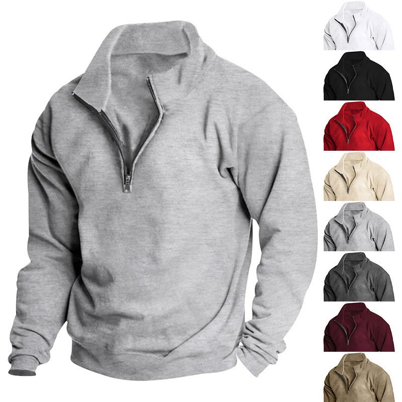 Felpa da uomo con collo alto e cerniera a un quarto - Pullover foderato in pile dalla vestibilità comoda per un look casual e sportivo (bianco, nero, cammello, rosso, vino, albicocca)_voghion.com