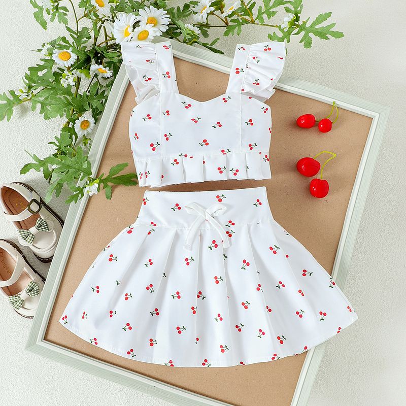 Ensemble deux pièces pour petite fille, vêtements d'été à manches volantes, bretelles imprimées, jupe plissée avec nœud_voghion.com
