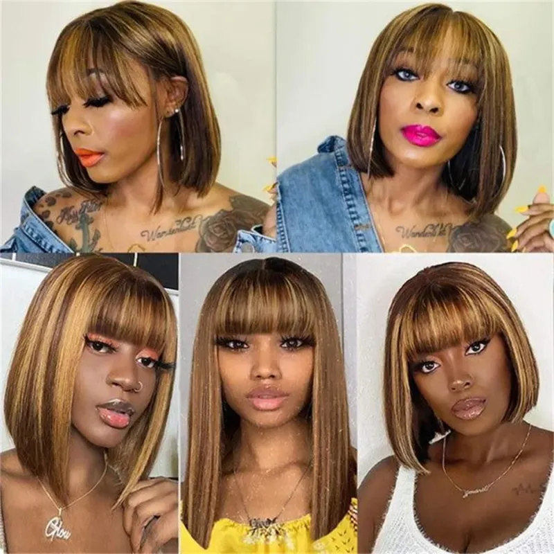 Braziliaanse pruik van echt haar met pony Remy steil haar Bob pruiken Volledig machinaal gemaakte pruik voor vrouwen 8-14 inch Lijmloze bob pruiken_voghion.com