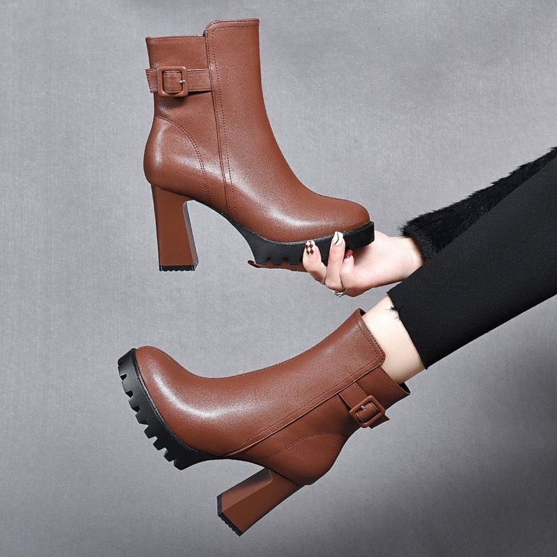 Stivali in pelle con fibbia e tacco alto impermeabili con plateau per donna Stivali termici in pelle_voghion.com