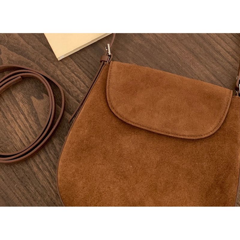 【 Genuine leather women's 】 Suede frosted cowhide saddle with niche design, single shoulder crossbody bag, underarm bag_voghion.com