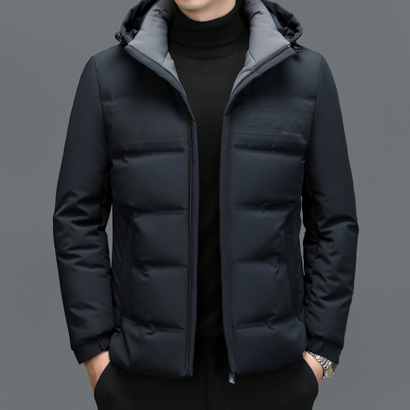 Kurze, verdickte, große Daunenjacke für Wintermänner, junge Männer können den Hut ausziehen, weiße Entendaunen, lockerer, warmer Mantel_voghion.com
