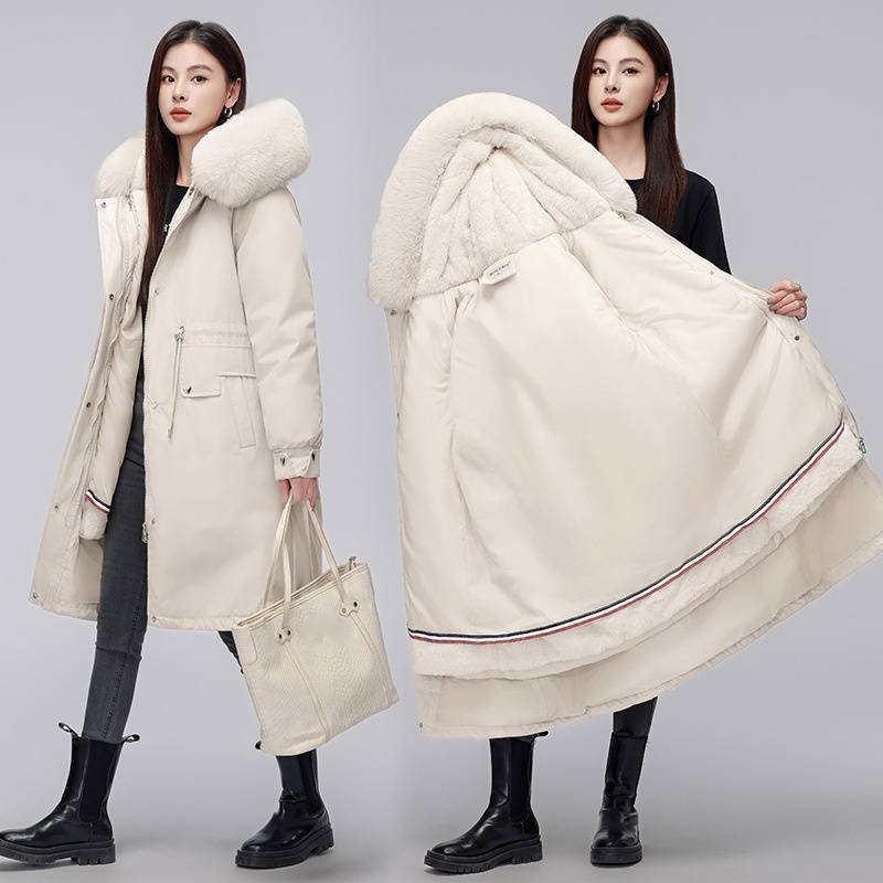 Damenbekleidung Plus Samt Slim Fit Parka Baumwollmantel mit großem Pelzkragen und verlängertem Stil mit herausnehmbarem Futter und Live-Futter Baumwollmantel_voghion.com