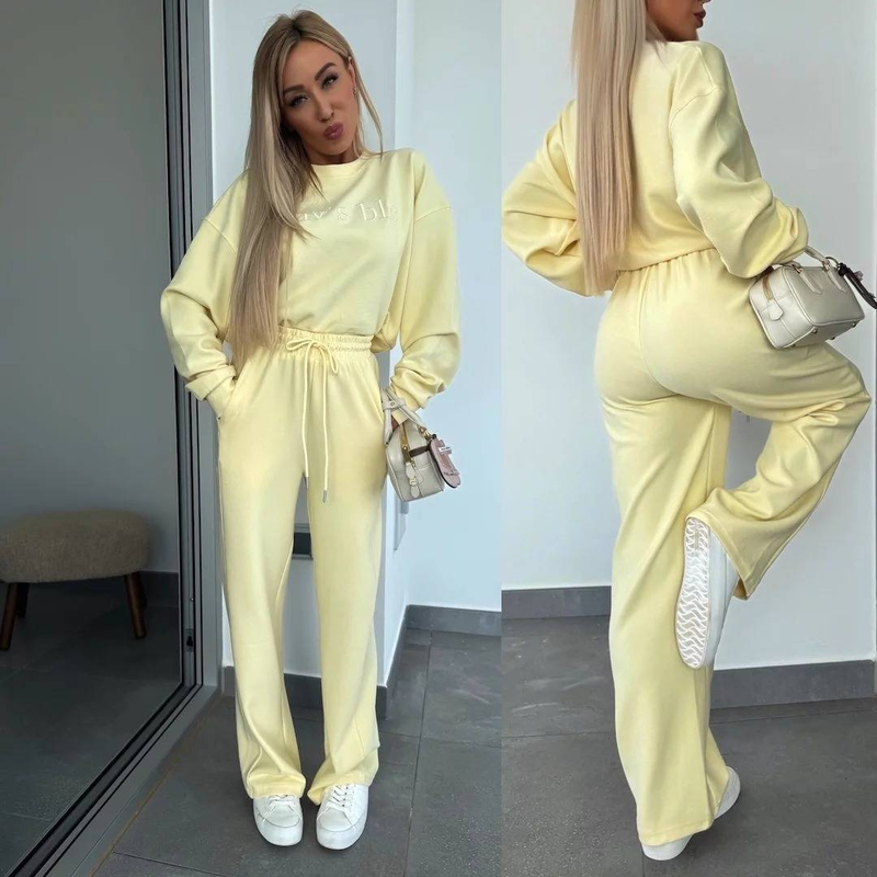 Abbigliamento da donna, completo primaverile, tinta unita, scollo tondo, manica lunga, maglione con ricamo a lettere, pantaloni con lacci, set da due pezzi_voghion.com