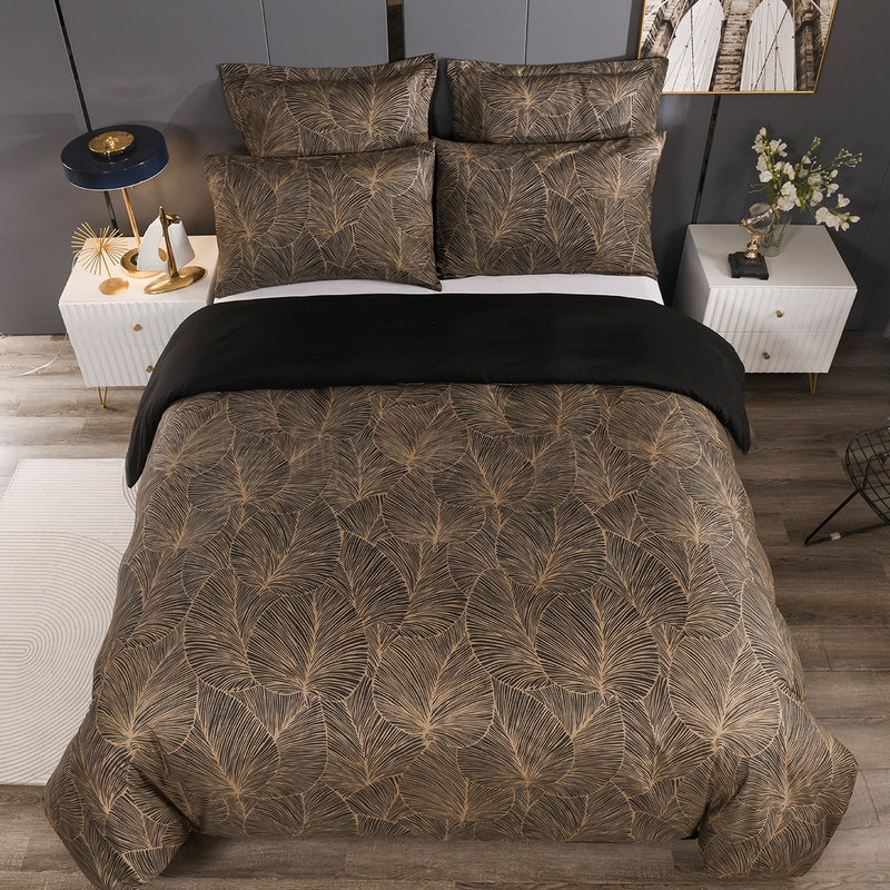 Leaf Printing Soft Fiber Quilt Cover Duvet Cover Pillowcase Three Piece Set Bedding Set_voghion.com