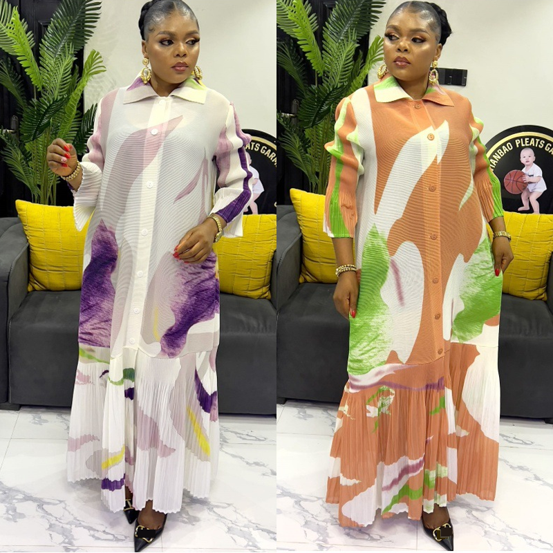 Neues, plissiertes, bedrucktes Strickjackenkleid mit Trompetenärmeln und Rüschen_voghion.com