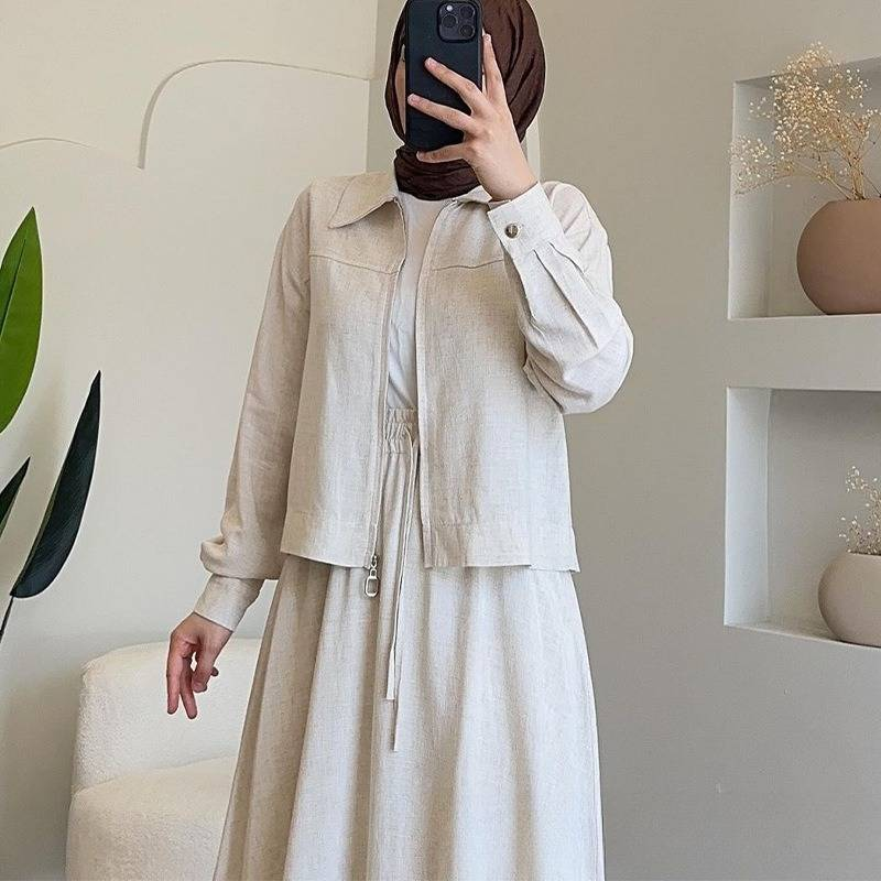 Ensemble 2 pièces pour femme – Haut élégant à manches longues et jupe midi plissée (polyester décontracté, XS-XXXL) – Beige/Marron/Bleu_voghion.com