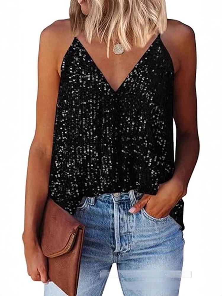 Damenbekleidung Damen Sexy V-Ausschnitt Pailletten Spaghettiträger T-Shirt Sommer Ärmellose Bluse Loose Fit Party Top V-Ausschnitt Pailletten Spaghetti_voghion.com
