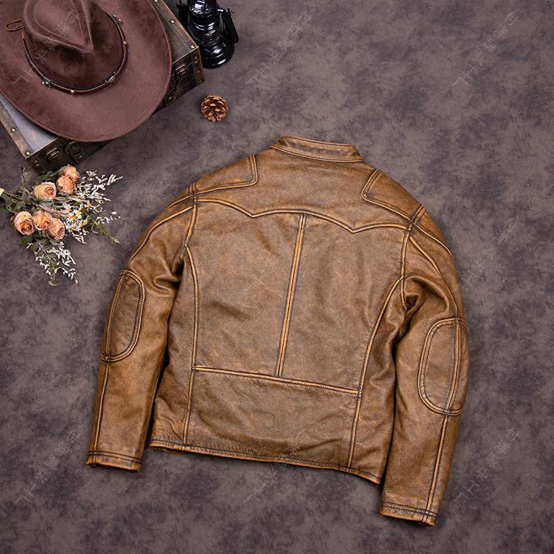 Vintage Venom Motorcycle Leather Jacket For Men - Distressed Brown Faux Leather Biker Coat With Stand Collar & Zipper Closure_voghion.com