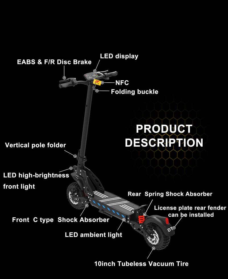 DRIVETRON DT10 10" Off-Road Electric Scooter 1000W*2 Dual Motor 48V 20.8Ah Battery_voghion.com