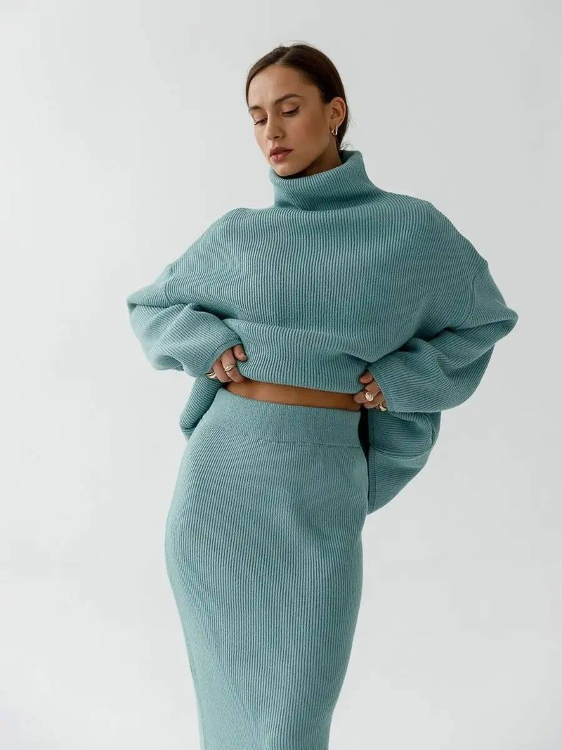 Knitted High-neck Sweater & Slim-fit Skirt Set – Elegant Two-piece Outfit In Beige, Olive Green, White, Green, Yellow, Light Gray, Emerald, Black_voghion.com