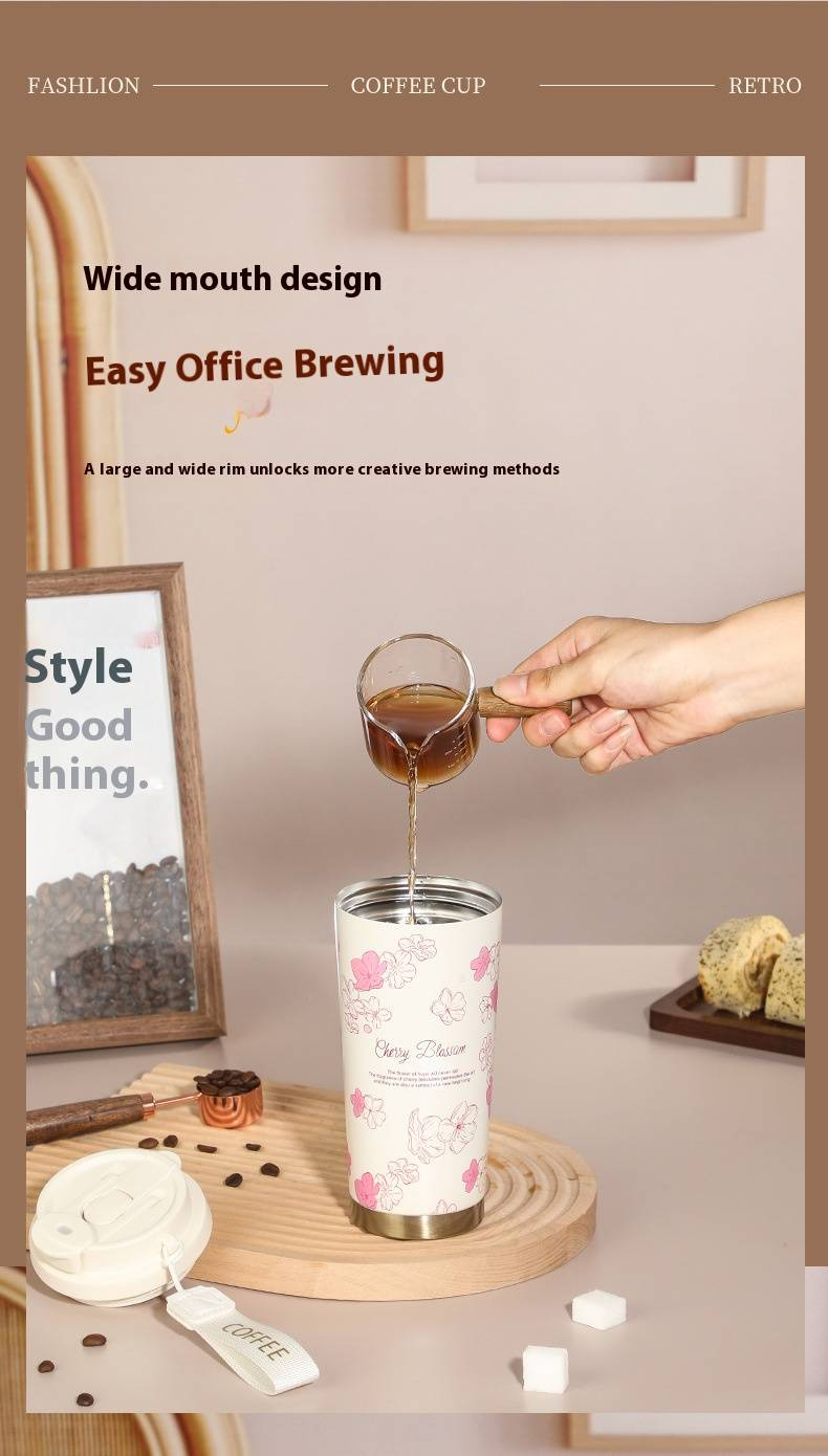 Coffee Tumbler - 500ml Stainless Steel Insulated Travel Mug With Handle & Straw, Floral Print Design, Ideal For Car, Office & Gifts_voghion.com