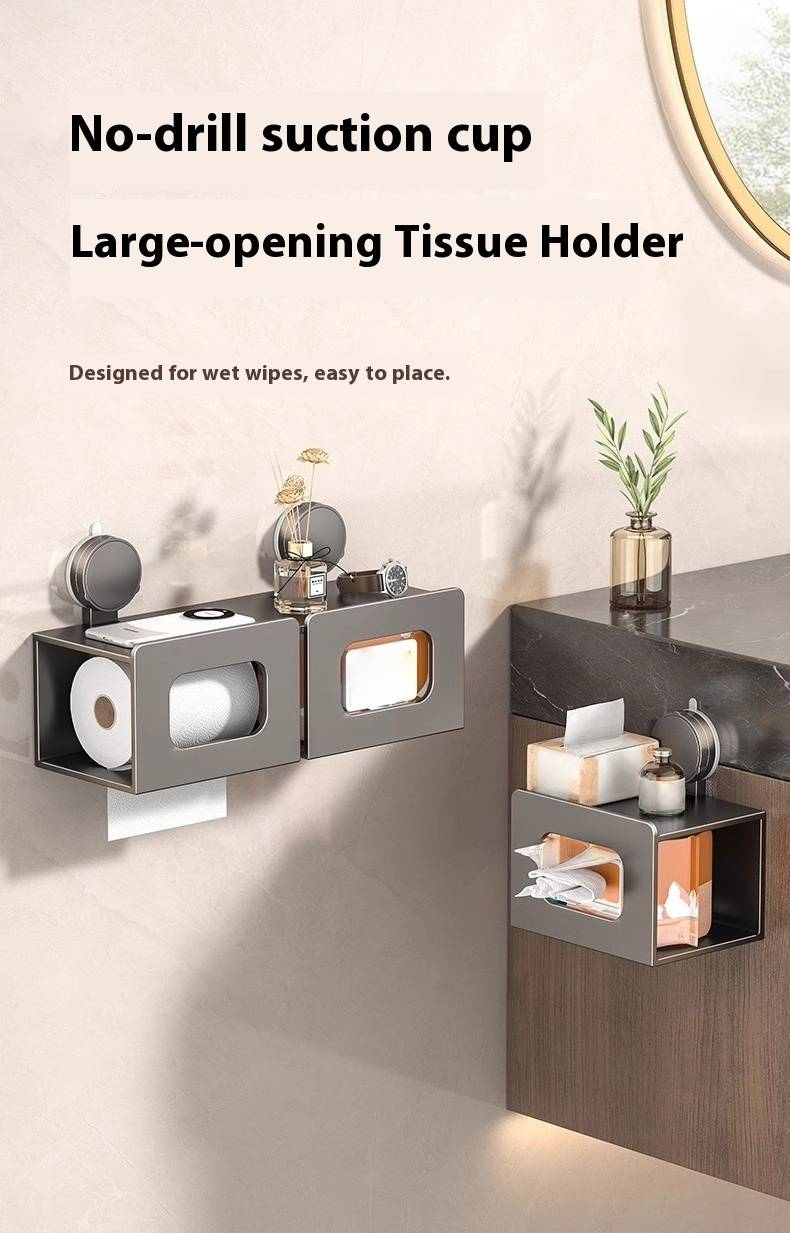 Wall-Mounted Toilet Paper Holder With Suction Cups - Bathroom Tissue Dispenser For Wet/Dry Wipes, Space-Saving Design, Rust-Proof Aluminum Alloy_voghion.com