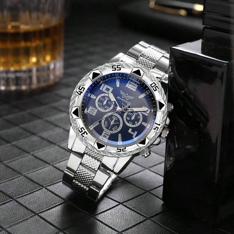 Men's Casual Stainless Steel Quartz Watch Set, Includes Necklace, Bracelet, And Ring, With Free Stylish Jewelry Set (Box Not Included)_voghion.com