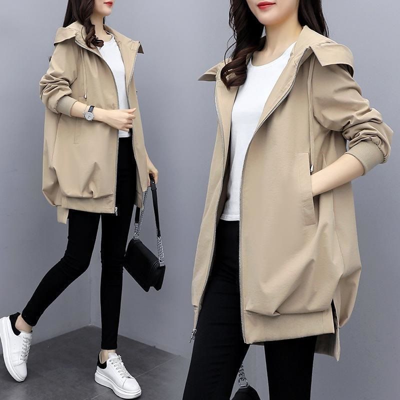 Lässiger Trenchcoat mit Kapuze in Übergröße für Damen – Locker geschnittene, langärmlige Frühlings-/Herbstjacke in Khaki, Beige und Schwarz (mit/ohne Futter)_voghion.com