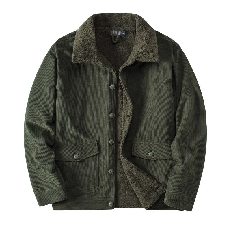 CT Men's Corduroy Fleece-Lined Thickened Jacket Plus Size Solid Color Turn-Down Collar Loose Lamb Wool Coat_voghion.com